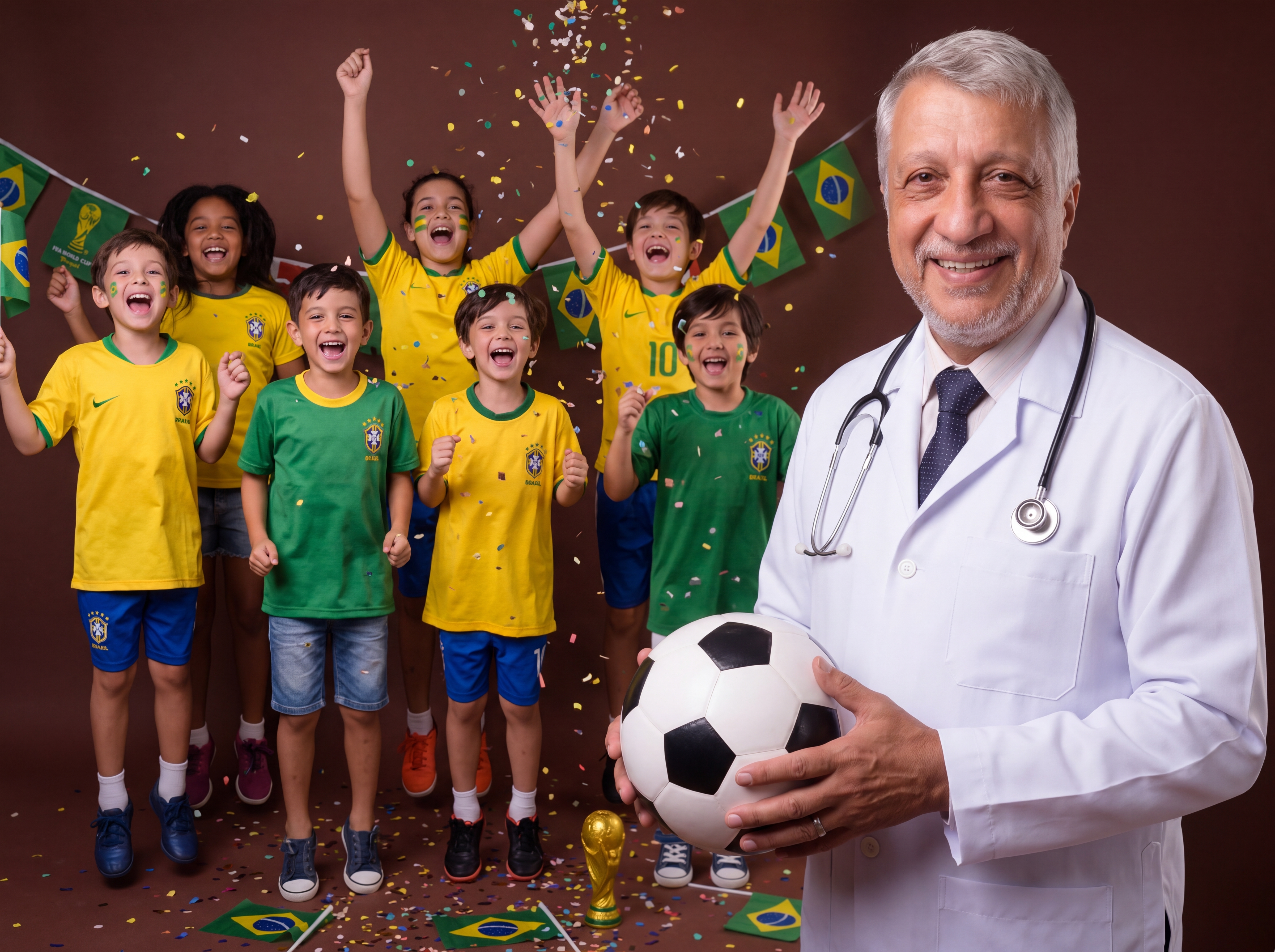 Dr. Marcos Guarino torcendo pelo Brasil com as crianças — Copa do Mundo 2026